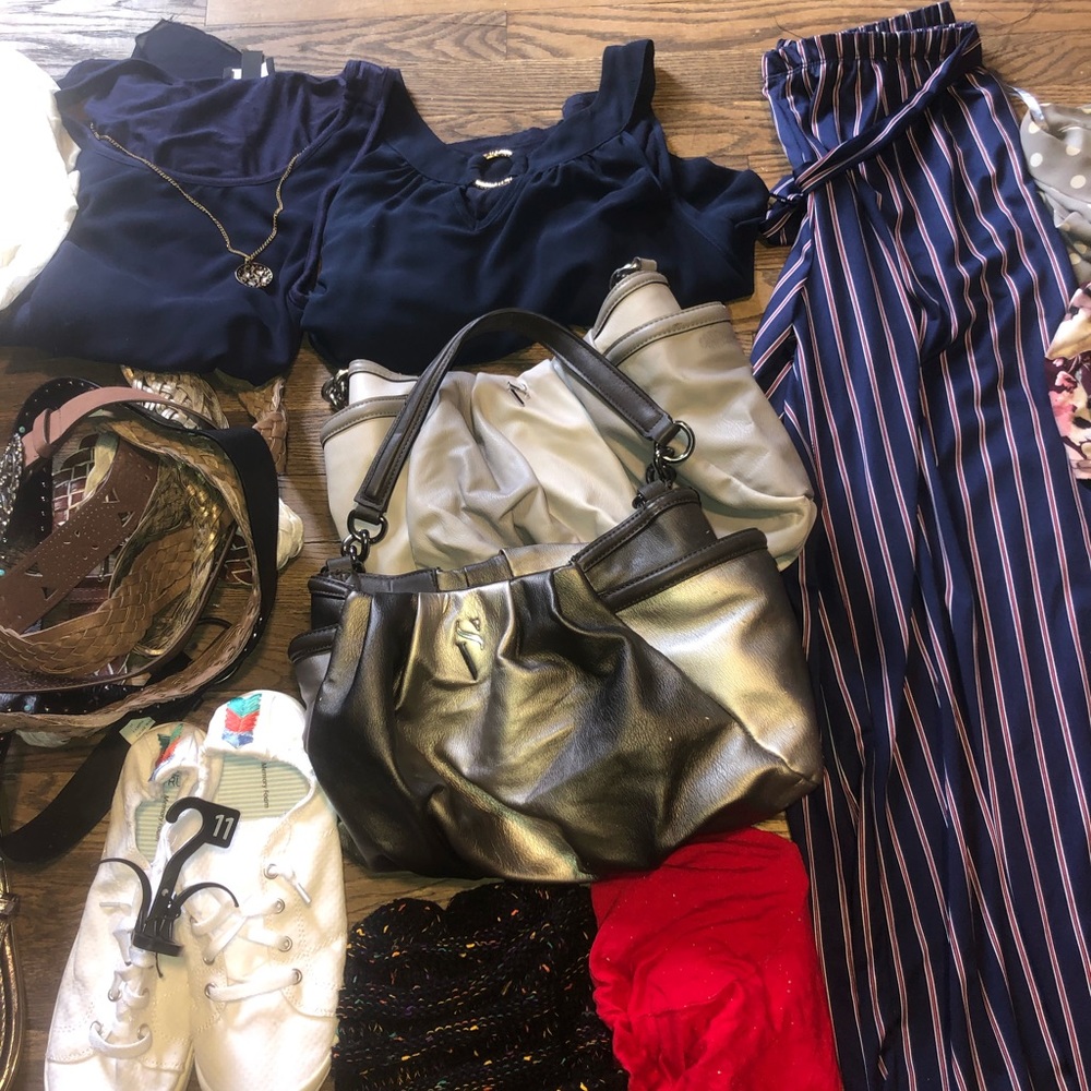 18 MIXED LOT  OFF BLOUSES AND SANDALS BELTS, SLACKS, PURSES!!!!!